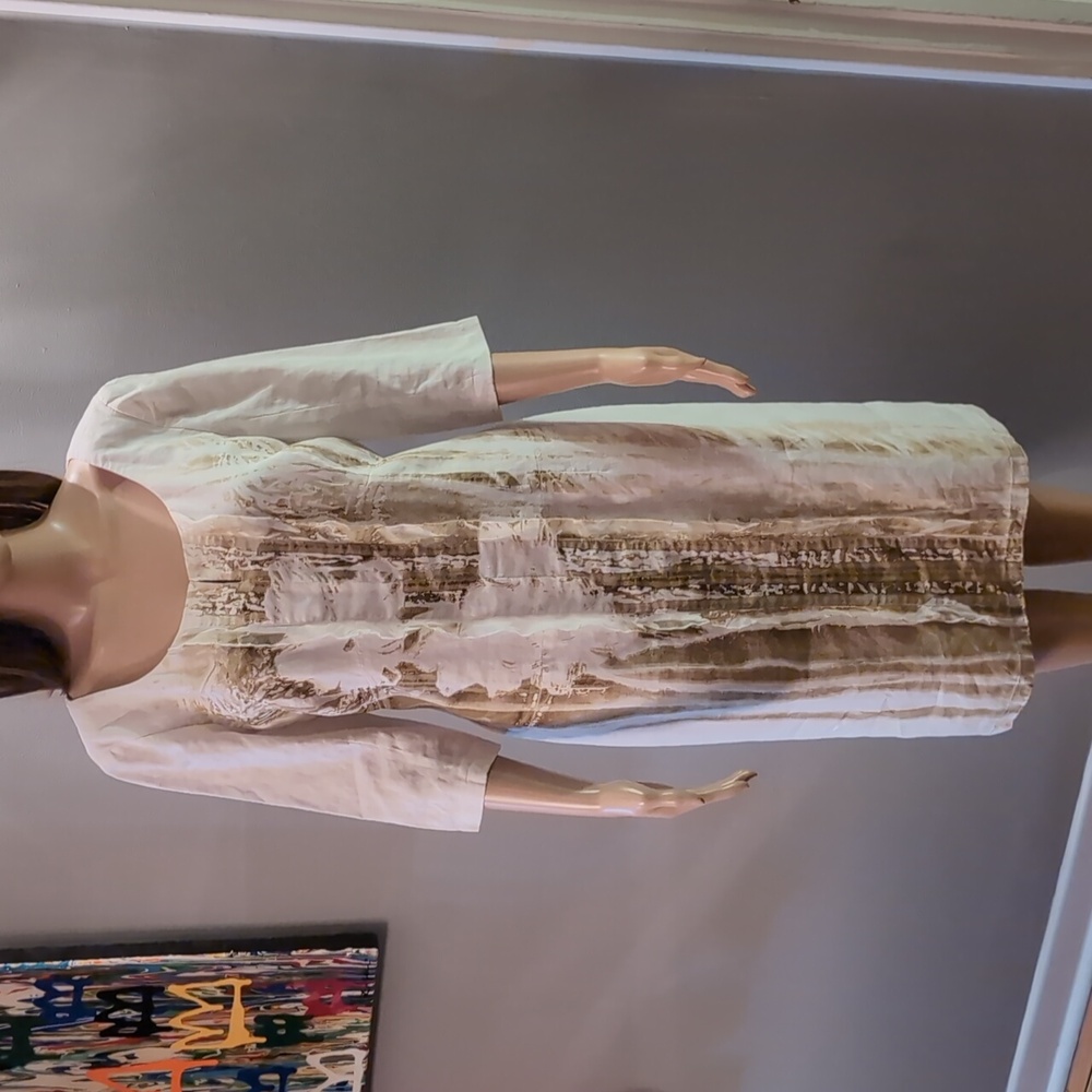 BLACKY DRESS Berlin. Designer. 100% Linen. Ivory w Screenprint  Dress EU42 Large